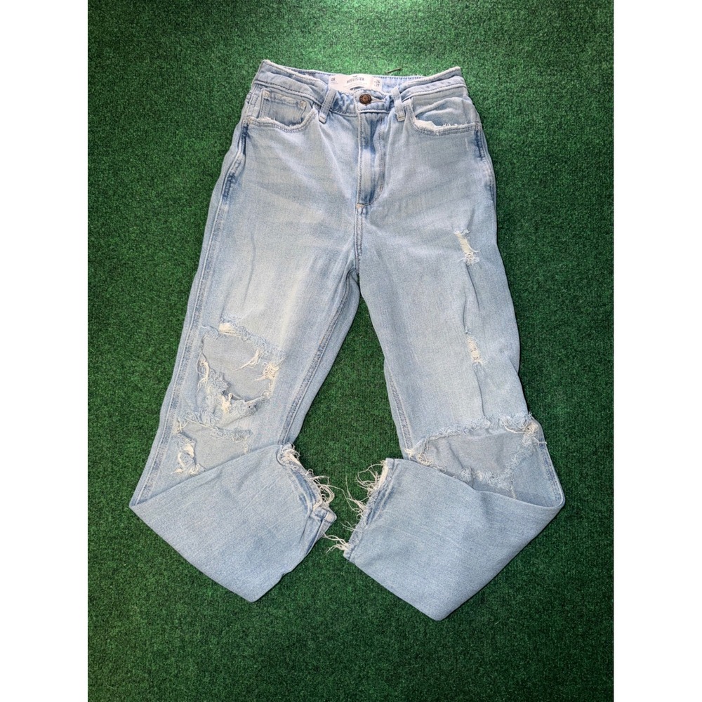 Hollister Curvy High Rise Mom Jeans Light Wash Distressed Ripped Size 0R W24 L27